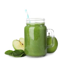 Photo of Superfood. Tasty smoothie and ingredients isolated on white