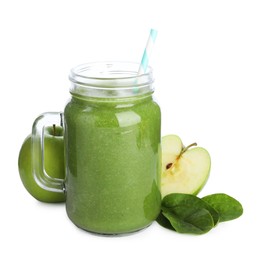 Photo of Superfood. Tasty smoothie and ingredients isolated on white