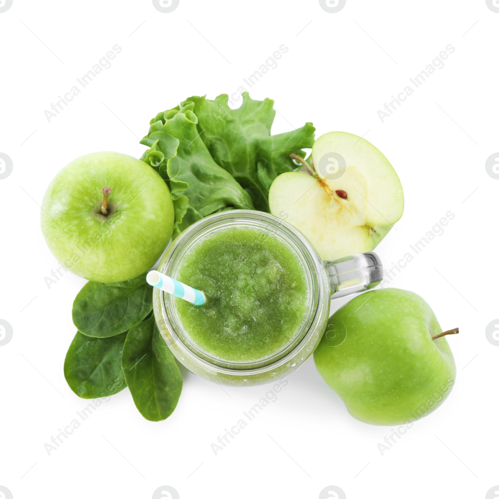 Superfood. Tasty smoothie and ingredients isolated on white, top view Photo of Superfood. Tasty smoothie and ingredients isolated on white, top view