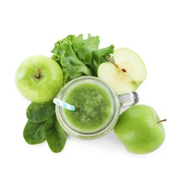 Photo of Superfood. Tasty smoothie and ingredients isolated on white, top view