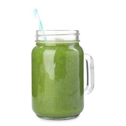 Photo of Superfood. Tasty smoothie in mason jar isolated on white