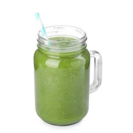 Photo of Superfood. Tasty smoothie in mason jar isolated on white