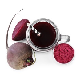 Photo of Superfood. Tasty smoothie and ingredients isolated on white, top view