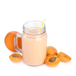 Photo of Superfood. Tasty smoothie and ingredients isolated on white