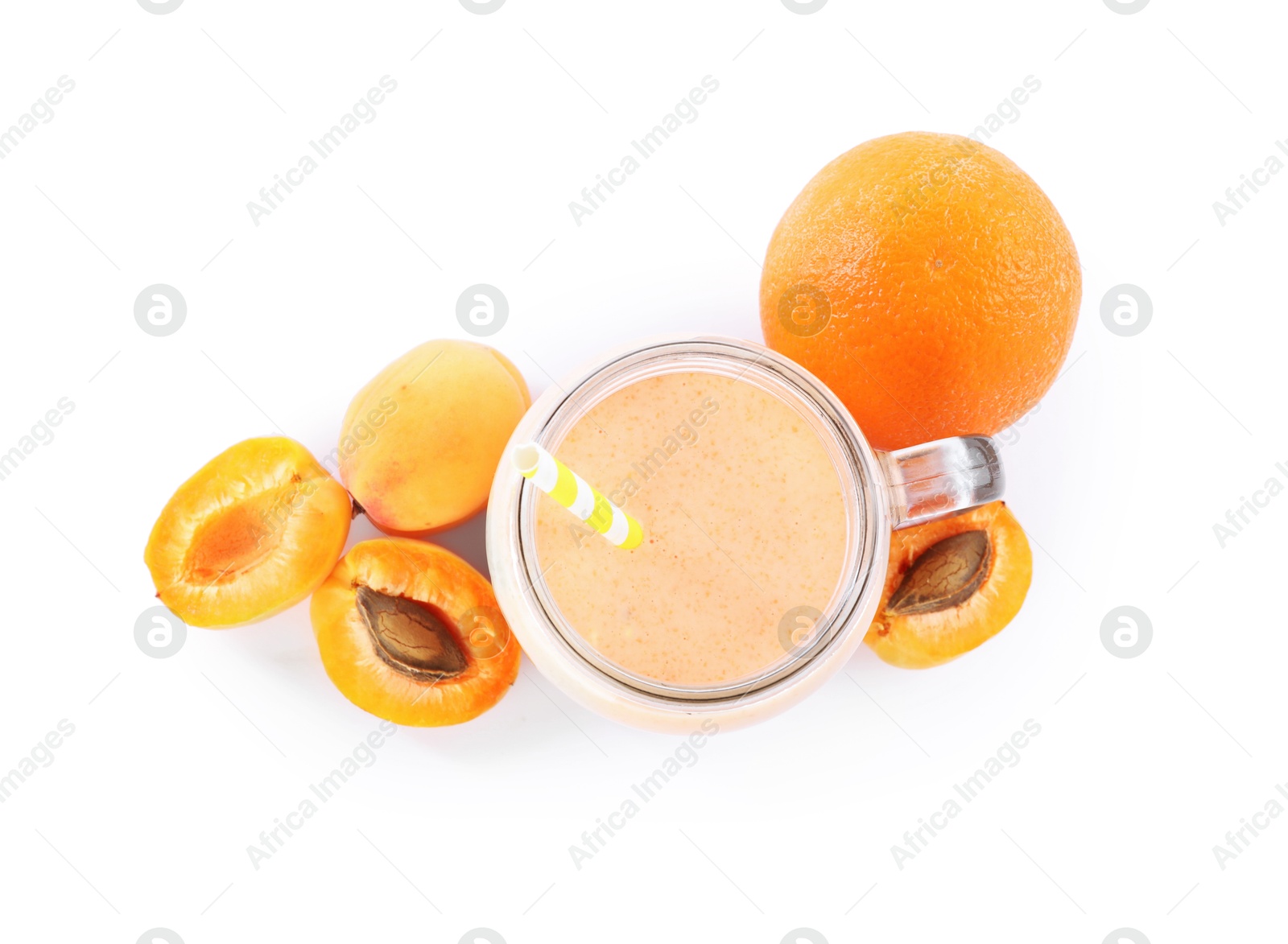Superfood. Tasty smoothie and ingredients isolated on white, top view Photo of Superfood. Tasty smoothie and ingredients isolated on white, top view