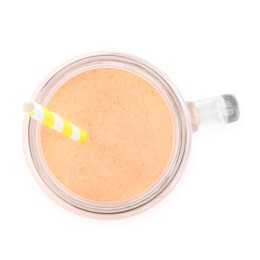 Photo of Superfood. Tasty smoothie in mason jar isolated on white, top view