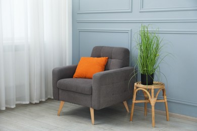 Photo of Comfortable armchair and houseplant near light blue wall indoors