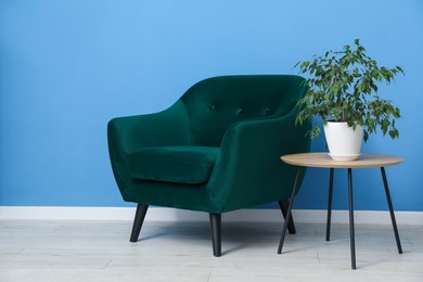 Photo of Comfortable armchair and houseplant near blue wall indoors