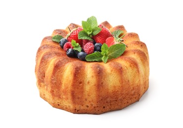 Photo of Tasty Bundt cake with berries isolated on white