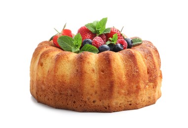 Photo of Tasty Bundt cake with berries isolated on white