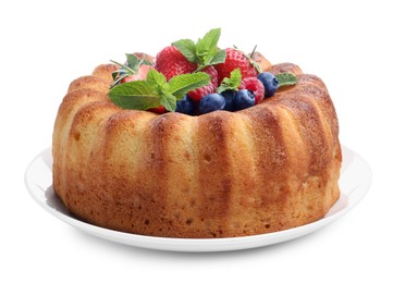 Photo of Tasty Bundt cake with berries isolated on white