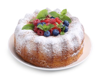Photo of Tasty Bundt cake with powdered sugar and berries isolated on white