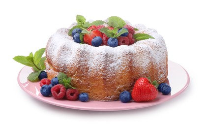Photo of Tasty Bundt cake with powdered sugar and berries isolated on white