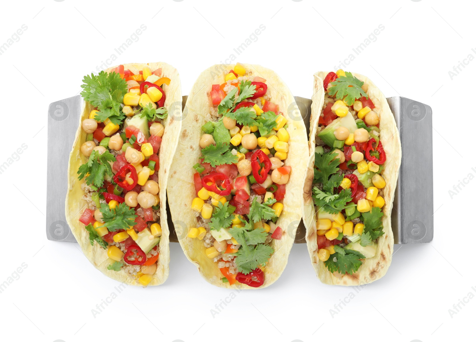 Photo of Tasty vegetarian tacos with chickpeas, corn and quinoa isolated on white, top view