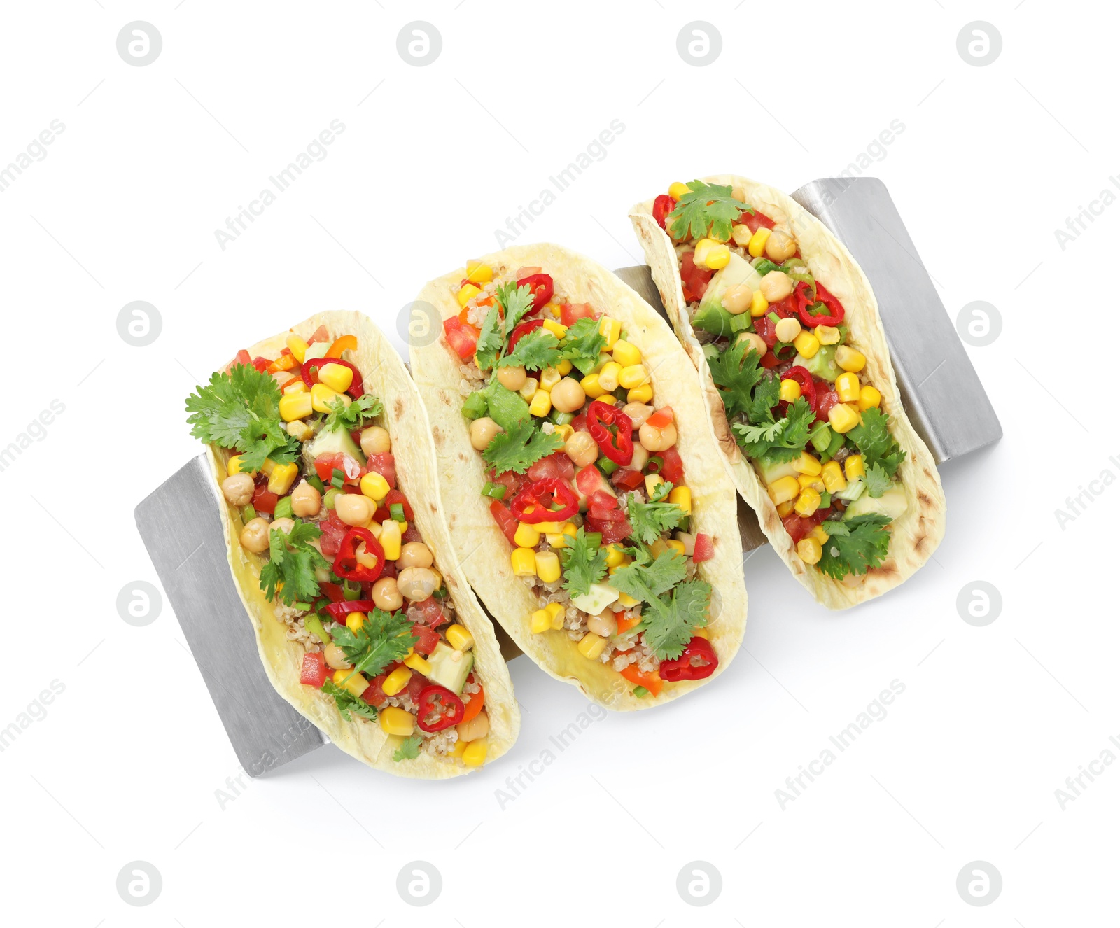 Photo of Tasty vegetarian tacos with chickpeas, corn and quinoa isolated on white, top view