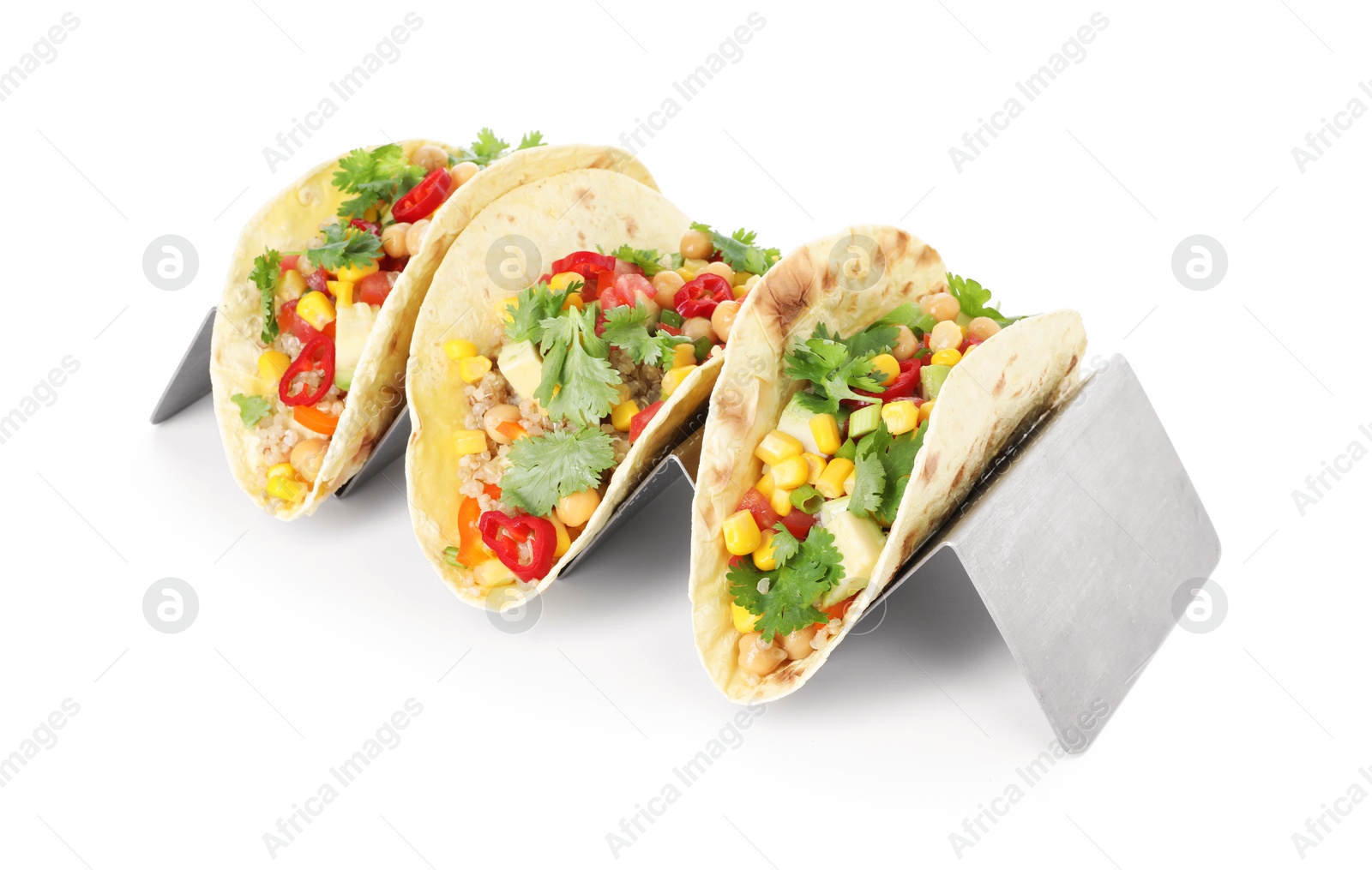 Photo of Tasty vegetarian tacos with chickpeas, corn and quinoa isolated on white