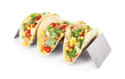 Photo of Tasty vegetarian tacos with chickpeas, corn and quinoa isolated on white