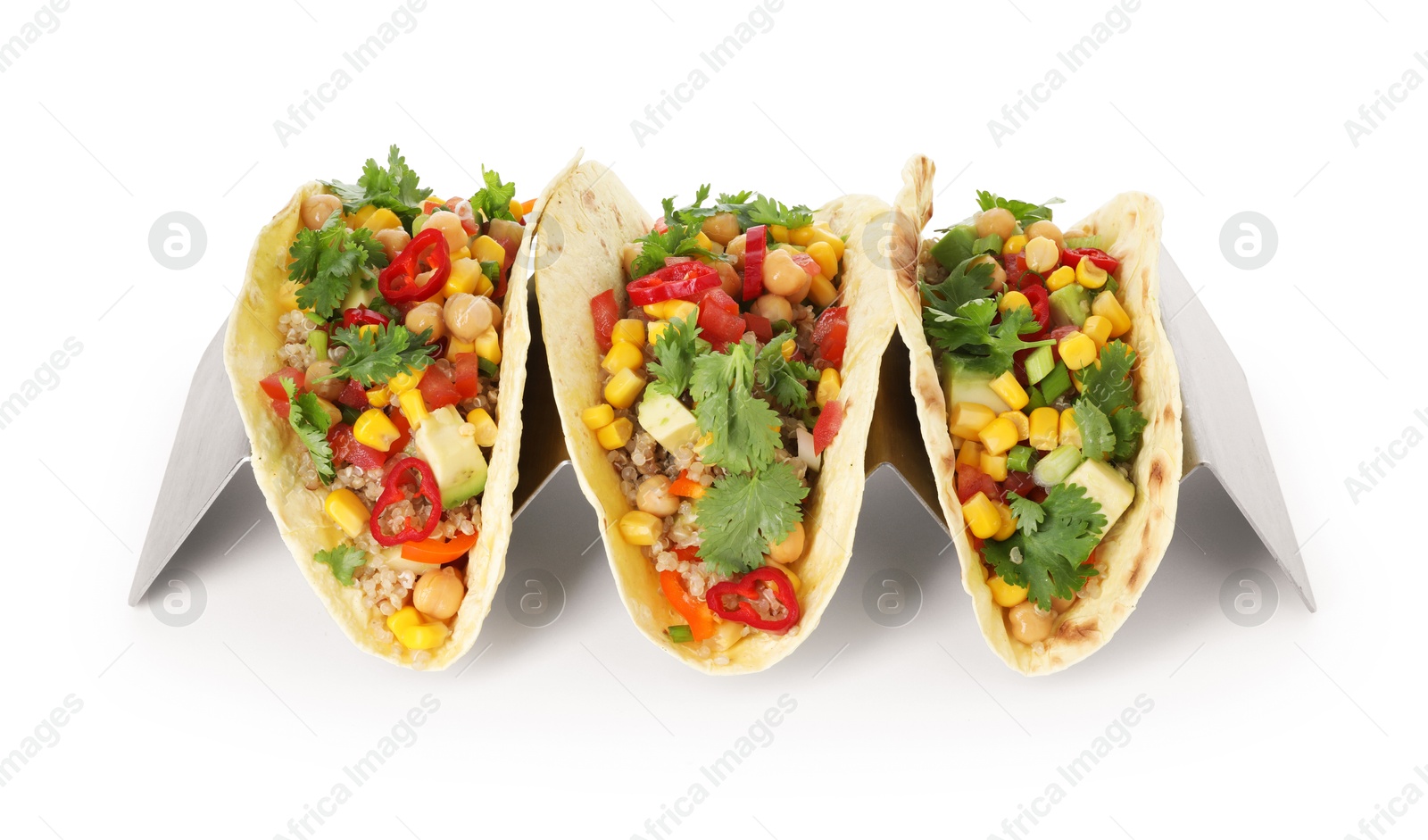 Photo of Tasty vegetarian tacos with chickpeas, corn and quinoa isolated on white