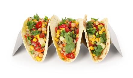 Photo of Tasty vegetarian tacos with chickpeas, corn and quinoa isolated on white