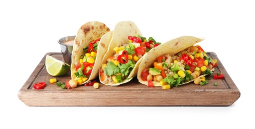 Photo of Tasty vegetarian tacos with chickpeas, corn and quinoa isolated on white