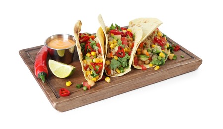 Photo of Tasty vegetarian tacos with chickpeas, corn and quinoa isolated on white