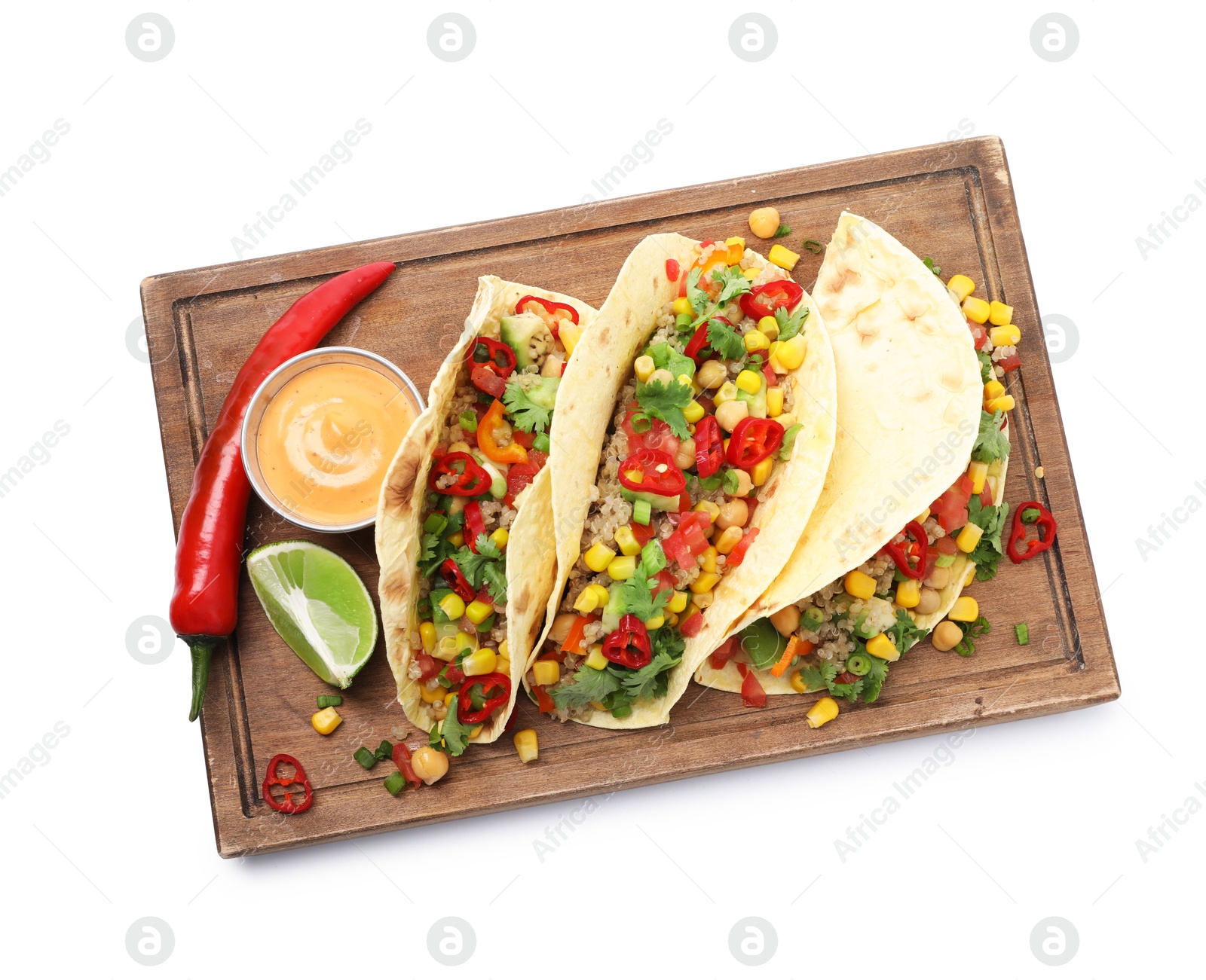 Photo of Tasty vegetarian tacos with chickpeas, corn and quinoa isolated on white, top view