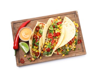 Photo of Tasty vegetarian tacos with chickpeas, corn and quinoa isolated on white, top view
