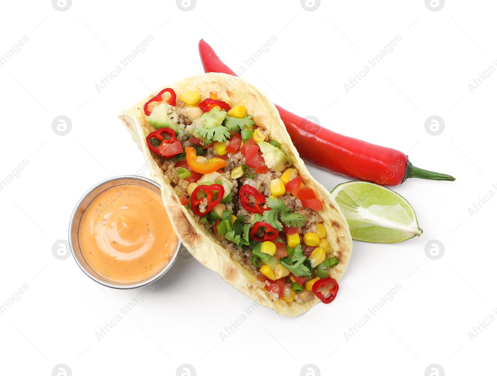 Photo of Tasty vegetarian taco with chickpeas, corn, quinoa and sauce isolated on white, top view