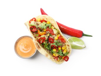 Photo of Tasty vegetarian taco with chickpeas, corn, quinoa and sauce isolated on white, top view