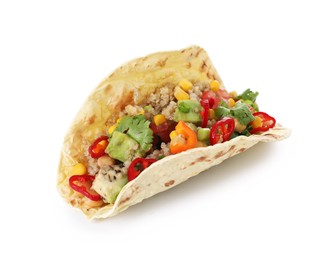 Photo of Tasty vegetarian taco with chickpeas, corn and quinoa isolated on white