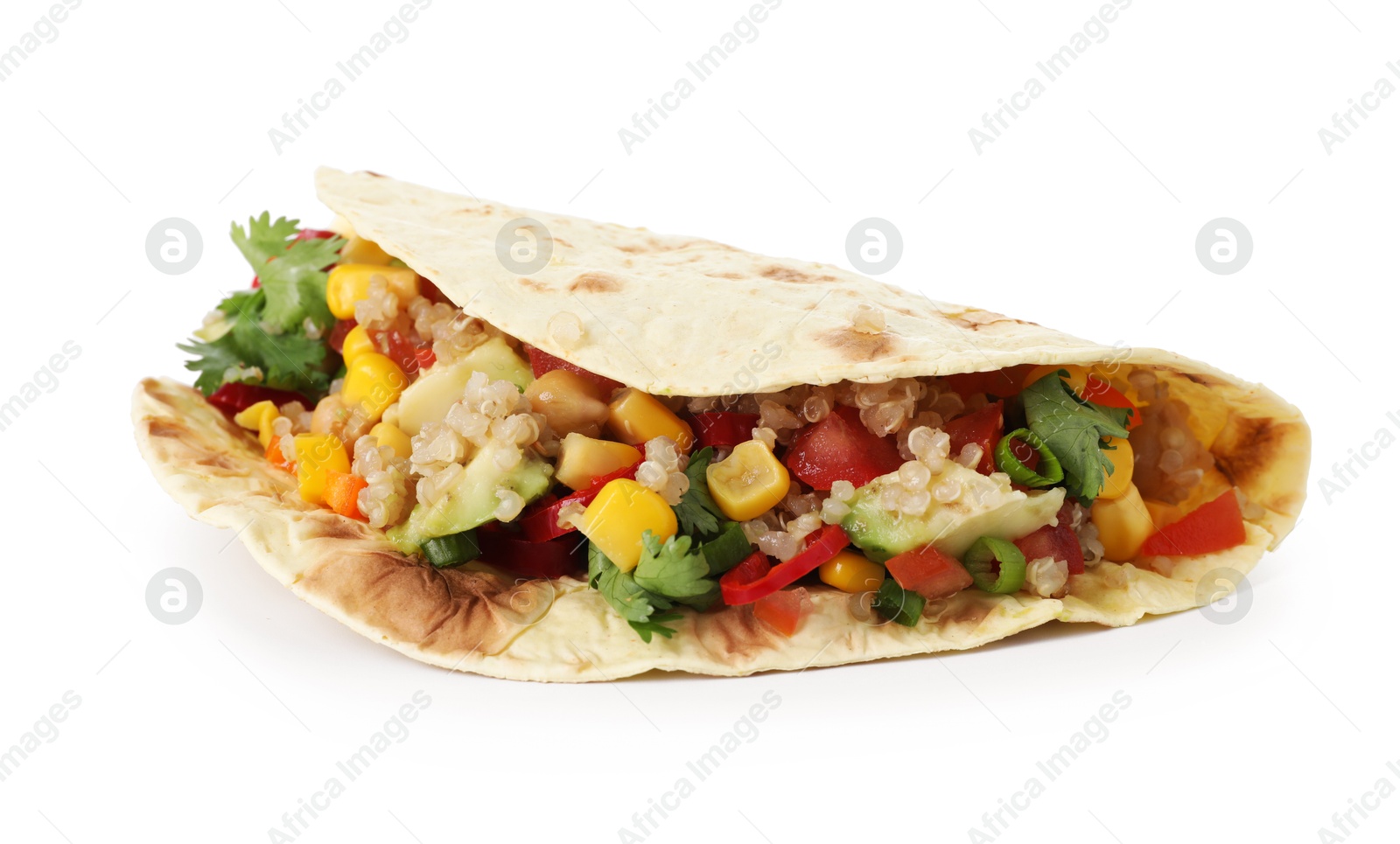 Photo of Tasty vegetarian taco with chickpeas, corn and quinoa isolated on white