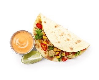 Photo of Tasty vegetarian taco with chickpeas, corn, quinoa and sauce isolated on white, top view