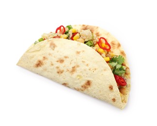 Photo of Tasty vegetarian taco with chickpeas, corn and quinoa isolated on white, top view