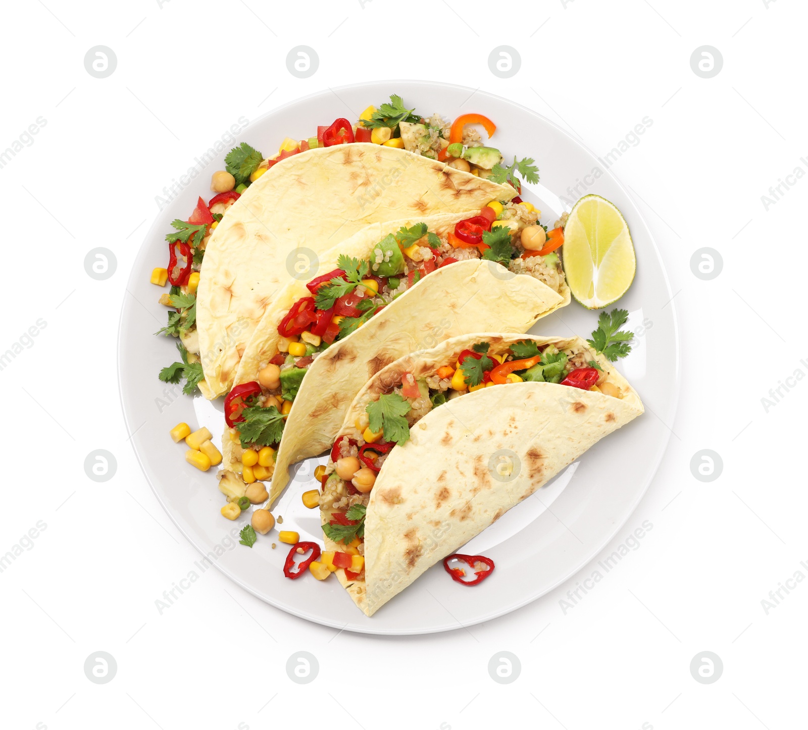 Photo of Tasty vegetarian tacos with chickpeas, corn and quinoa isolated on white, top view