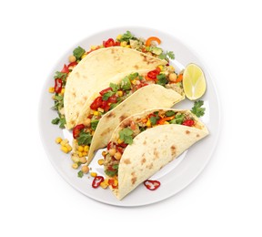 Photo of Tasty vegetarian tacos with chickpeas, corn and quinoa isolated on white, top view
