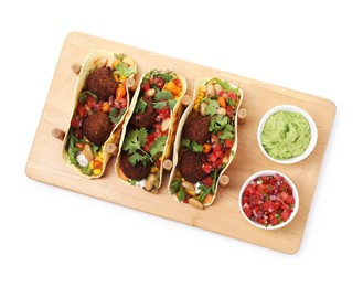 Photo of Tasty vegetarian tacos with falafel, salsa and guacamole isolated on white, top view