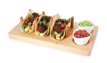 Photo of Tasty vegetarian tacos with falafel, salsa and guacamole isolated on white