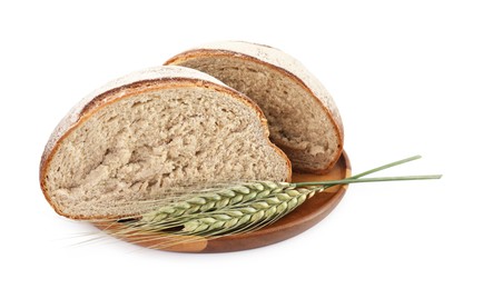 Photo of Pieces of fresh bread and green wheat spikes isolated on white