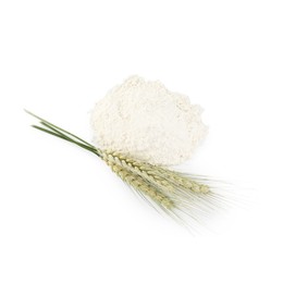 Photo of Pile of flour and green wheat spikes isolated on white, top view