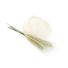 Photo of Pile of flour and green wheat spikes isolated on white, top view