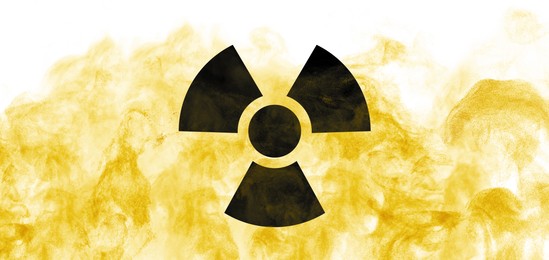Image of Radioactive sign and yellow toxic smoke against white background. Banner design
