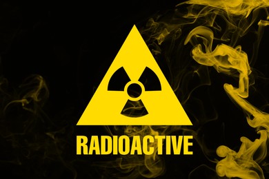 Image of Radioactive sign and yellow toxic smoke against black background