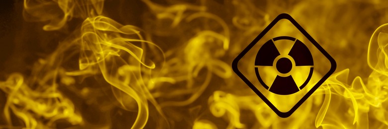 Image of Radioactive sign and yellow toxic smoke. Banner design