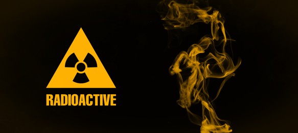 Image of Radioactive sign and yellow toxic smoke against black background. Banner design