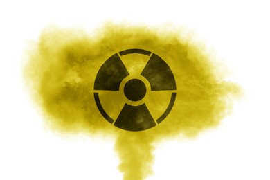 Image of Radioactive sign and yellow toxic smoke against white background