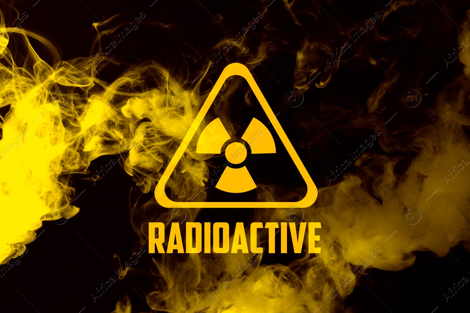 Radioactive sign and yellow toxic smoke against black background Image of Radioactive sign and yellow toxic smoke against black background