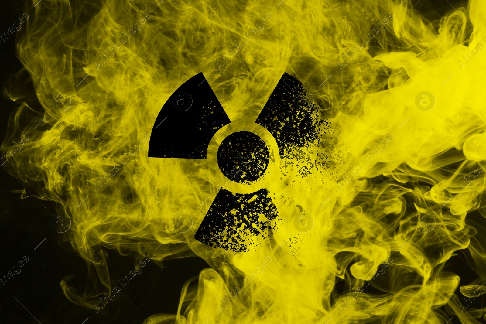 Radioactive sign and yellow toxic smoke against black background Image of Radioactive sign and yellow toxic smoke against black background