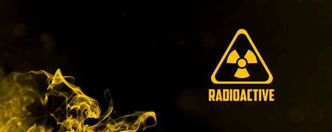 Image of Radioactive sign and yellow toxic smoke against black background. Banner design