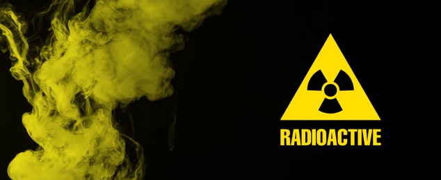 Image of Radioactive sign and yellow toxic smoke against black background. Banner design
