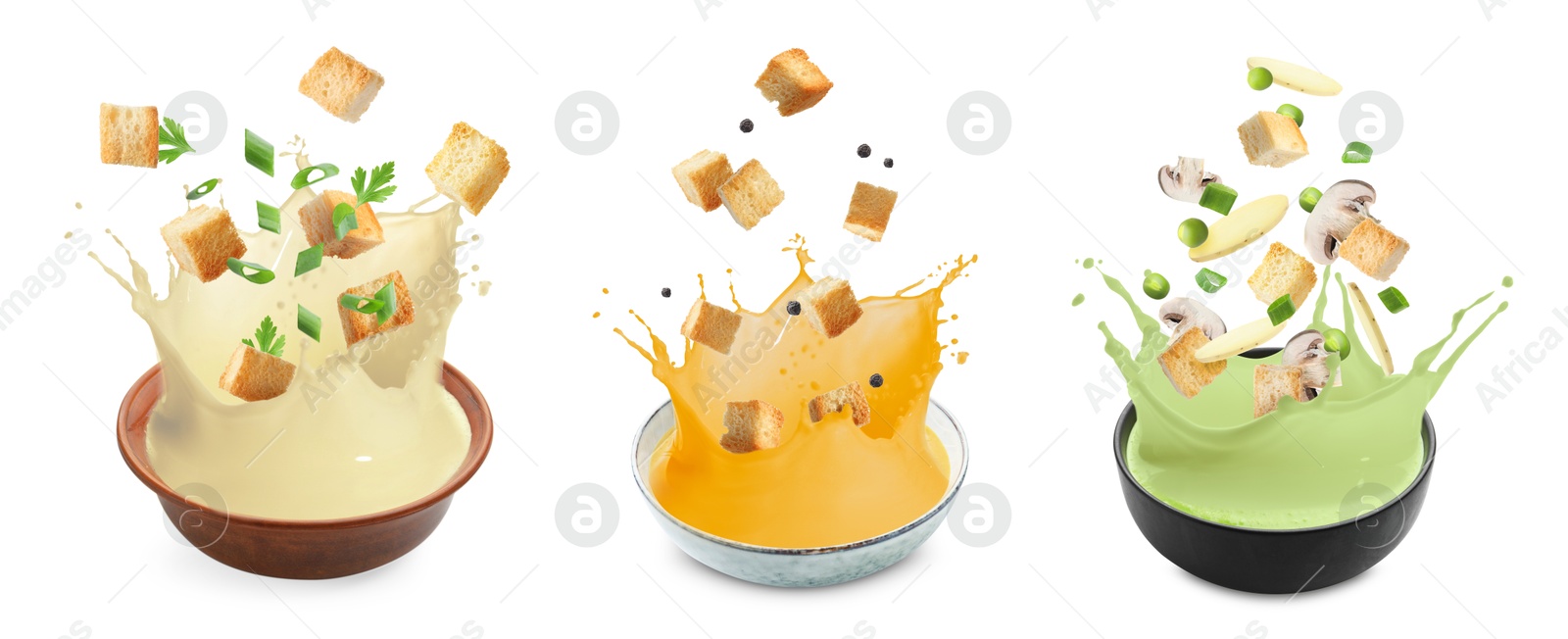 Image of Croutons falling into bowls of soups against white background, set